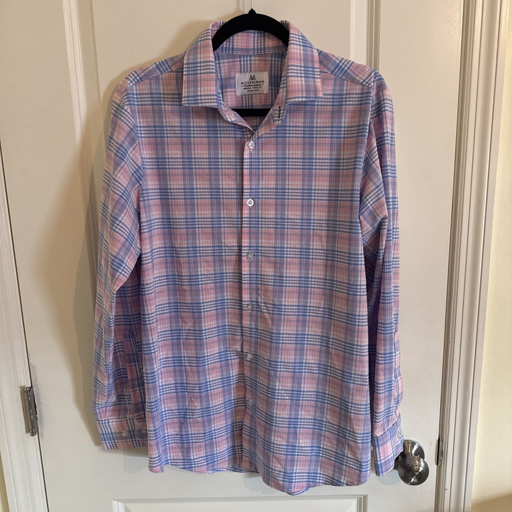 Mizzen Main Shirt Mens M Pink Blue Plaid  Trim Button Down Stretch Casual Plaid